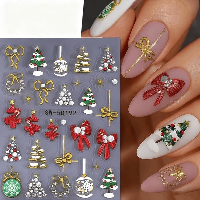 Christmas Nail Stickers Red Bow Glitter Diamond Sticker Decals DIY Self Adhesive Gold Christmas Tree Lights Snowflake Design Nail Decoration Supplies Holiday Manicure Accessories for Women Girls 3Pcs