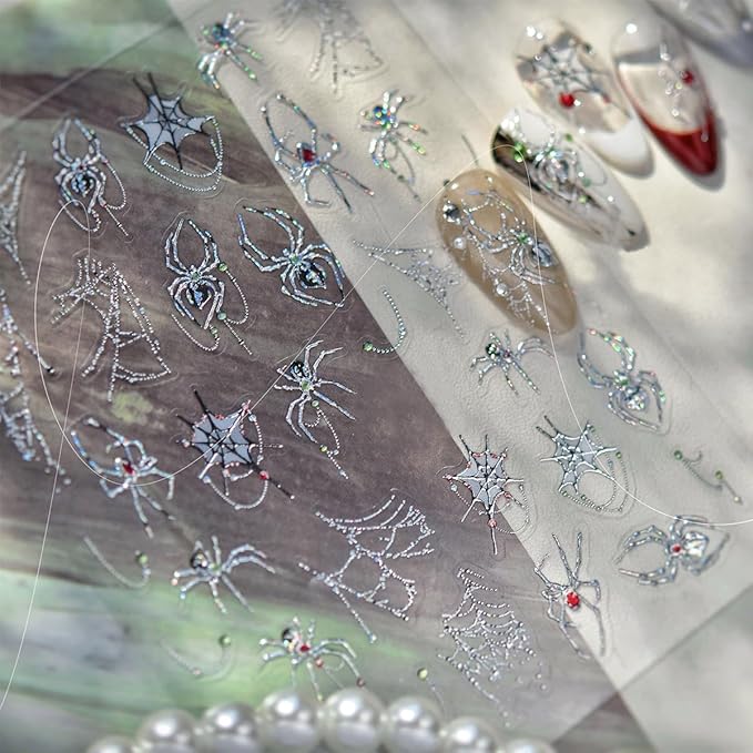 1 Sheets Halloween Nail Stickers for Nail Art 5D Gothic Spider Nail Art Stickers Decals Goth Metal Spider Web Nails Accessories Self-Adhesive Horror Halloween Nails Supplies for Women Nails Decor