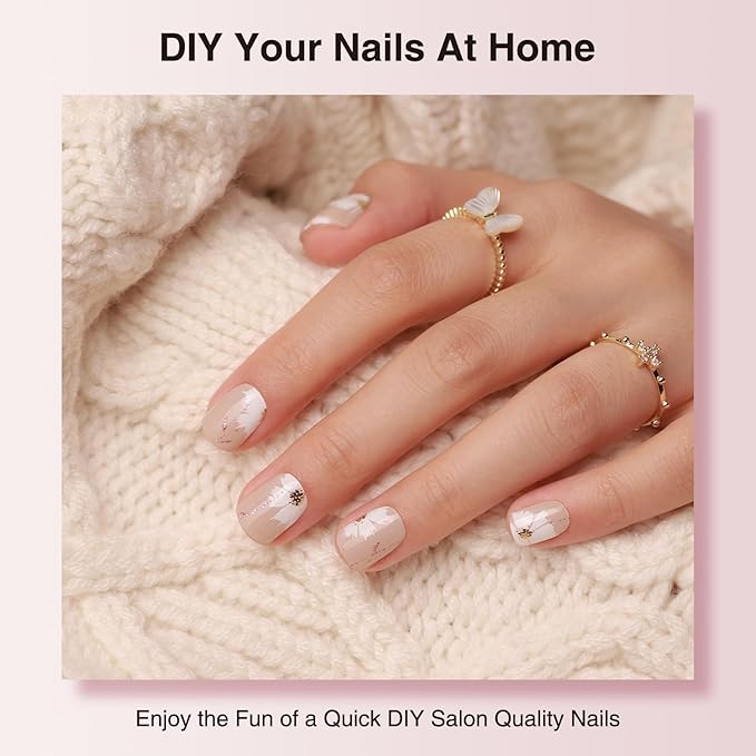 Semi Cured Gel Nail Strips - 30PCS Long-Lasting Nail Wraps, Salon-Quality Semi Cured Stickers, 2 Weeks Wear, Easy DIY Manicure-White Garden