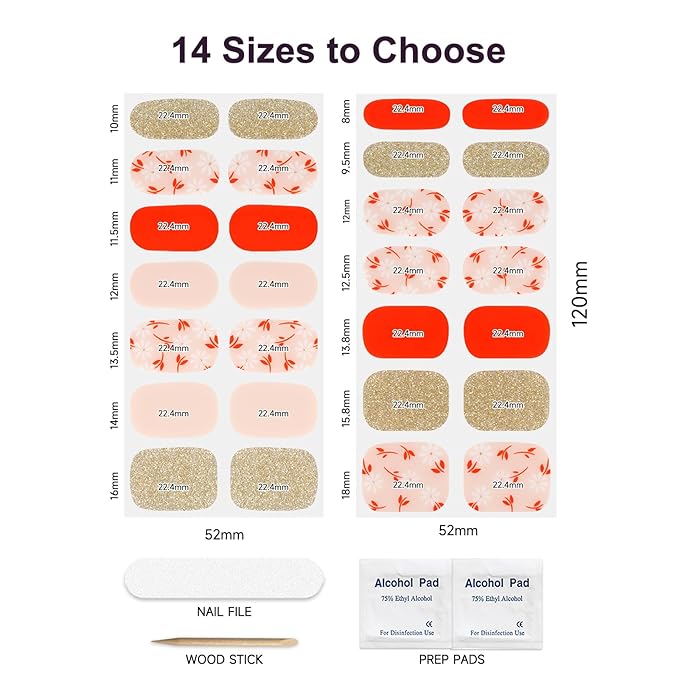 Semi Cured Gel Nail Strips,28 Pcs Fall Nail Stickers for Women,UV Gel Strips Work with Any UV Lamp, Long Lasting, Includes Prep Pads, NailFile & Wood Stick