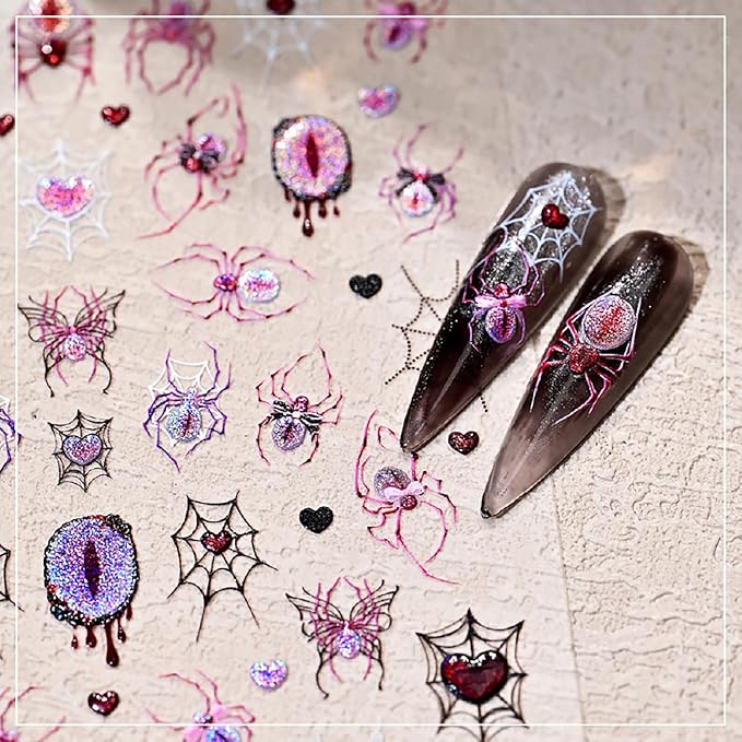 Halloween Nail Art Stickers 5D Embossed Pink Purple Spider Eye Nail Stickers Design Spider Web Heart Nail Decals Nail Art Supplies for Women Acrylic DIY Nail Decorations 1Pc