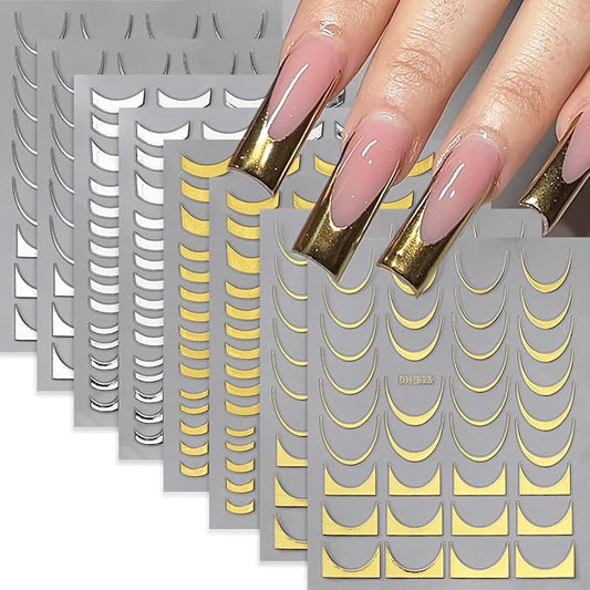 8 Sheets Gold Silver French Stripe Line Nail Stickers, 3D Self-Adhesive Decals with Gold Silver Geometric Waved Curve Lines Design for Elegant French Tips and DIY Manicure Decoration