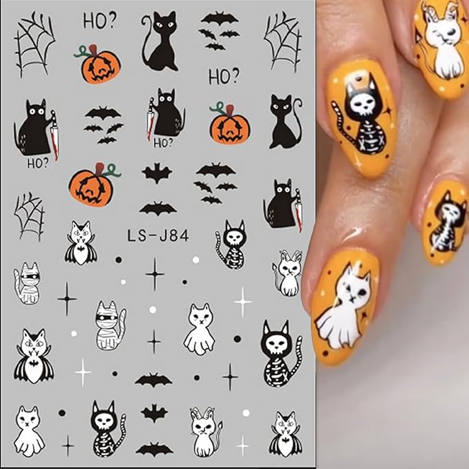 12 Sheets Halloween Nail Art Stickers Pumpkin Bat Nail Decals Ghost Cat Blood Designs Nail Stickers for Nails Art 3D Self-Adhesive Halloween Manicure Decoration for Women