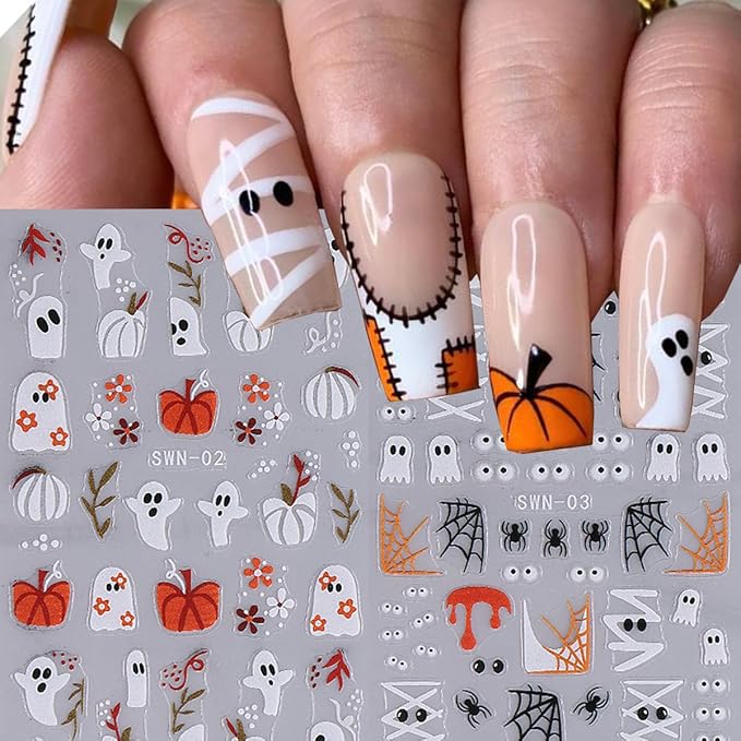 Halloween Nail Art Stickers Decals 5D Embossed Halloween Nail Decals 4PCS Ghost Bandage Eye Ball Spider Web Pumpkin Nails Design Adhesive Stickers Manicure Supply for Women DIY Nail Art Decorations