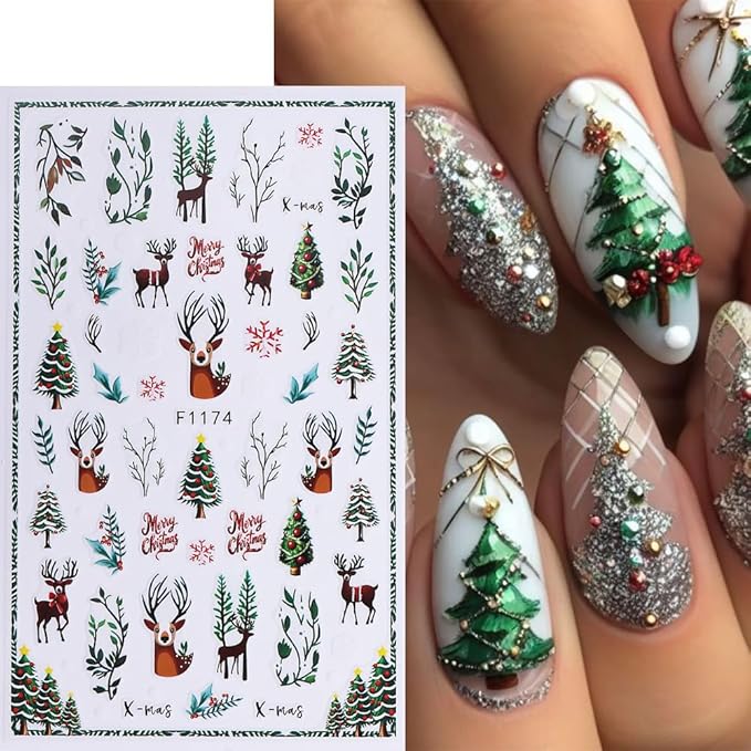 Christmas Nail Art Stickers 3D Deer Holly Bell Christmas Nail Stickers 6PCS Santa Claus Xmas Tree Snowman Snowy Tree Design 3D Self-Adhesive Xmas Nail Decals Nail Art Supplies for Women DIY Nail Salon
