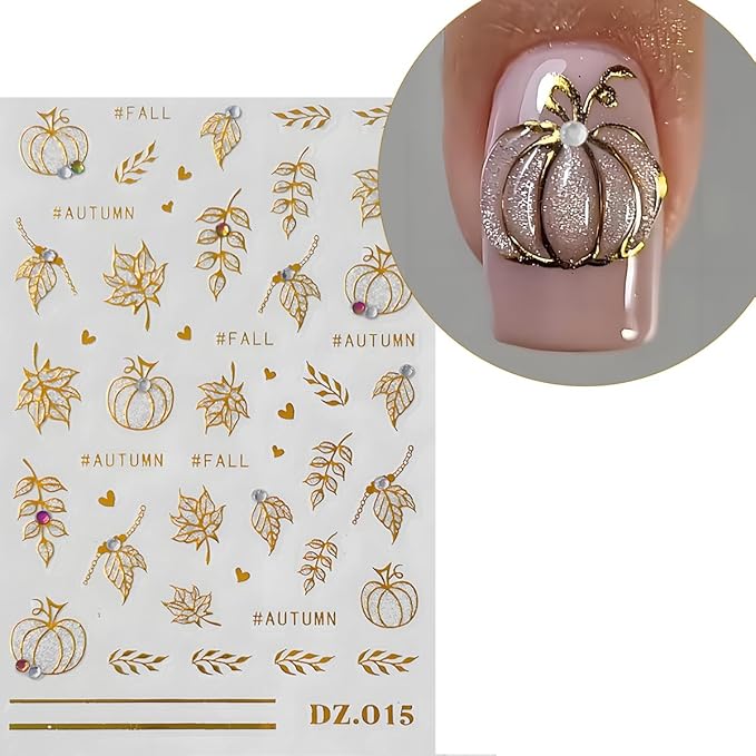 Fall Maple Leaves Nail Art Stickers, Gold Glitter Nail Decals 3D Self-Adhesive Pumpkin Fall Leavers Nails Stickers with Rhinestone Design 3Pcs Nail Art Supplies for Women Nail Decoration