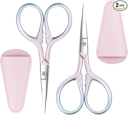 2 Pcs Eyebrow Scissors for Women, Professional Grooming Mini Scissors with Stainless Steel Straight Tip, 3.5 Inch Pink Small Scissors Beauty for Facial Hair, Eyebrows, Beard, Ear, Nose, Moustache