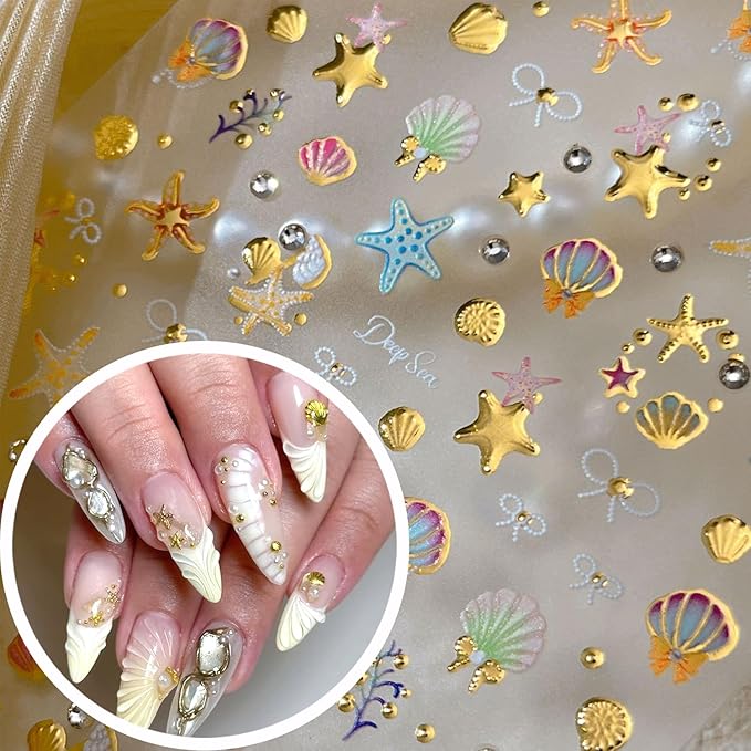 1Sheet 5D Embossed Gold Seashell Starfish Nail Art Stickers Self-Adhesive Bronzing Shell Starfish Nail Decals with Pearl Rhinestone Design Nail Sticker Summer Ocean Nails Supply for Women Nails Decor