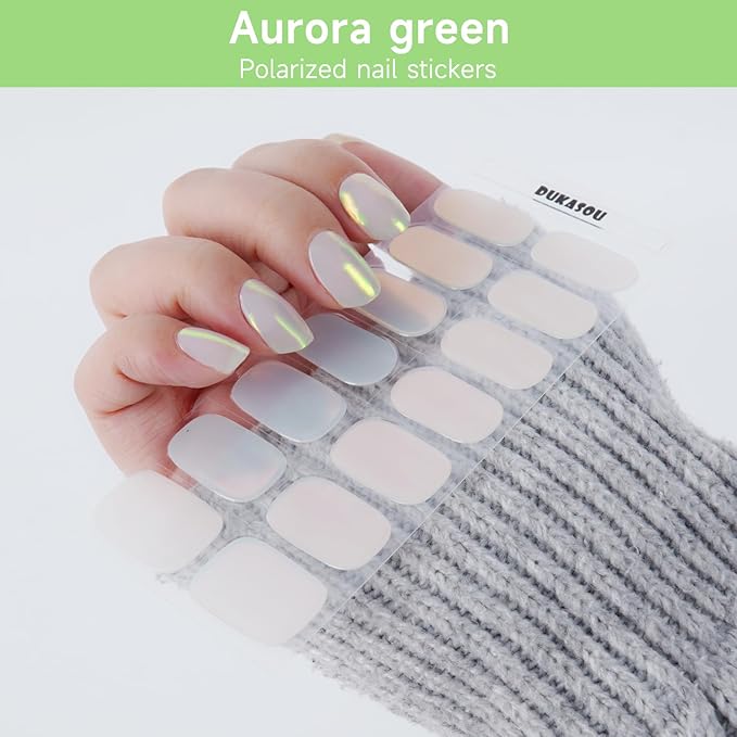 Semi Cured Gel Nail Strips, Aurora Green | 28 pcs Gel Nail Strips Work with Any UV Lamp, Salon Quality UV Nails Stickers, Easy to Apply for Home Nails DIY