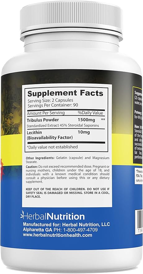 Herbal Nutrition Tribulus Terrestris, Bulgarian, 1500mg 45% Saponins, Lecithin for Better Update, 180 Capsules, One Bottle…