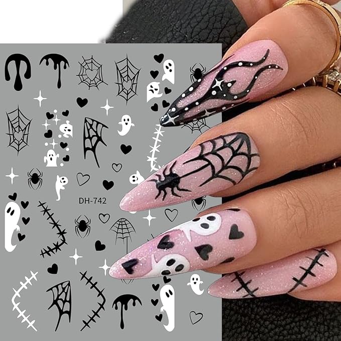 Halloween Nail Stickers Spider Web Nail Decals Pumpkin Nail Art Stickers Ghost Heart Star French Tips Design Self Adhesive Nails Sticker for Nails Art for Women DIY Holiday Manicure Supplies 8 Sheet