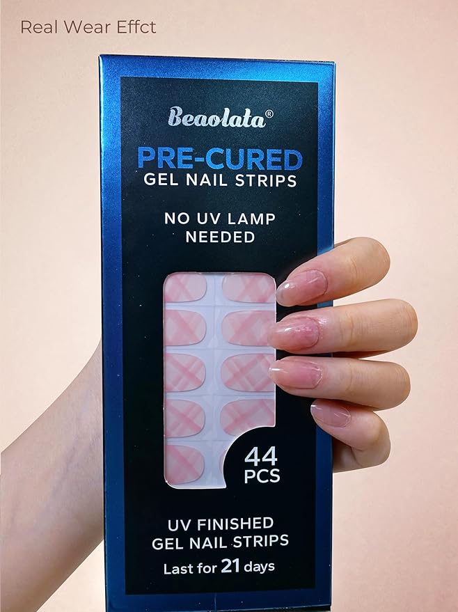 Pre Cured Gel Nail Strips - 44PCS Salon Quality Gel Nail Stickers - Long Lasting Polish Wraps for Women no UV Light Needed Easy Apply& Remove (Vintage Pink）