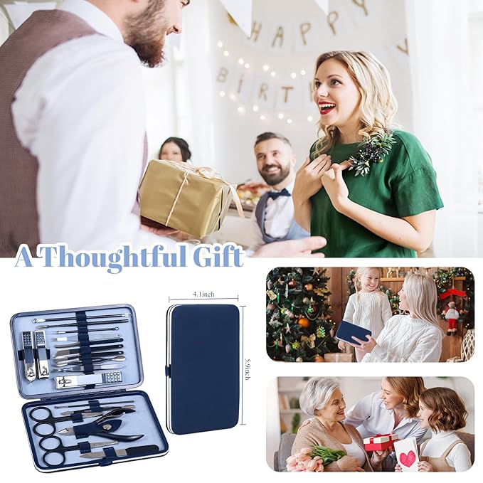 Manicure Set Pedicure Kit Nail Clippers Set Fingernail Clipper Set Ingrown Toenail Nail Kit Scissor Nail Trimmer Kit 18 Pieces Women and Men’s Care Grooming Tools with Fine Case (Dark Blue_18 Pieces)