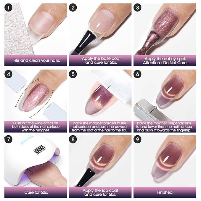 GELLEN 9D Cat Eye Gel Nail Polish, 6 Colors Magnetic Cat Eye Gel Polish Set with Magnets, Purple Blue Pink Yellow Green Holographic Galaxy Nail Polish, Glitter UV Gel Nail Kit for Salon Home Nail Art