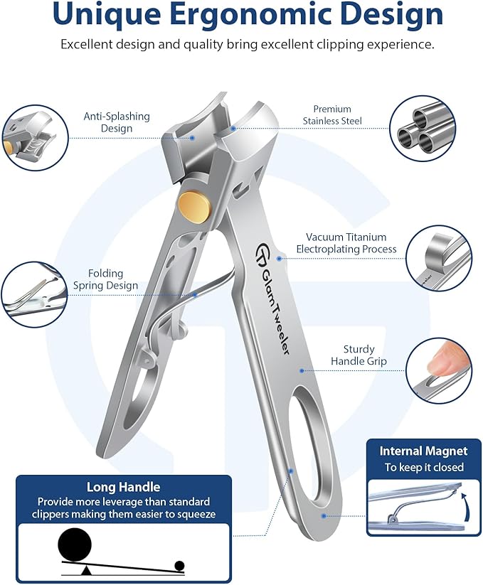 Anti-Splash Wide Jaw Opening Nail Clippers - GlamTweeler Ultra Sharp Extra Large Wide Opening Fingernail and Toenail Clipper with Glass Nail File (Silver_Curved)