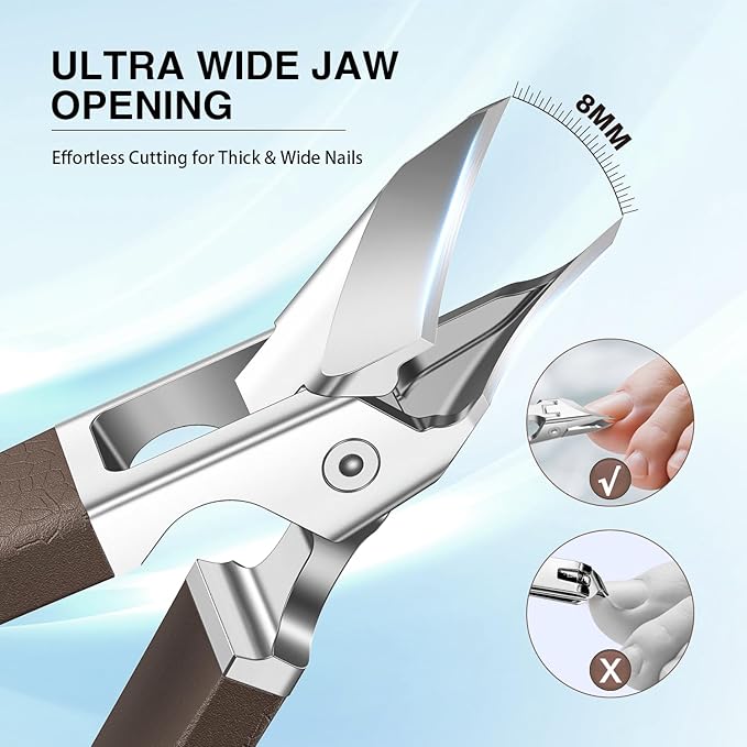 Eagle Beak Slanted Nail Clippers for Thick & Ingrown Toenails, Wide Jaw Opening Anti-Splash Angled Toenail Cutter with Curved Blade, Cuticle Clippers for Seniors, 3-Piece Set with Case
