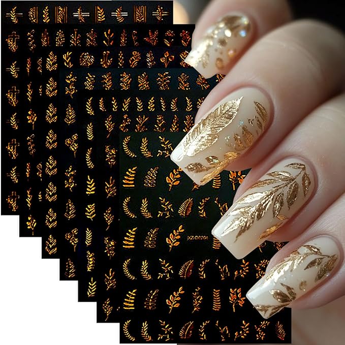 12 Sheets Fall Gold Leaves Nail Art Stickers Maple Leaf Flower Nail Decals 3D Self Adhesive Shiny Autumn Leaves Nail Stickers Design Manicure Supplies Decoration for Women Acrylic DIY Nails