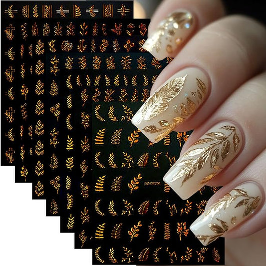 12 Sheets Fall Gold Leaves Nail Art Stickers Maple Leaf Flower Nail Decals 3D Self Adhesive Shiny Autumn Leaves Nail Stickers Design Manicure Supplies Decoration for Women Acrylic DIY Nails
