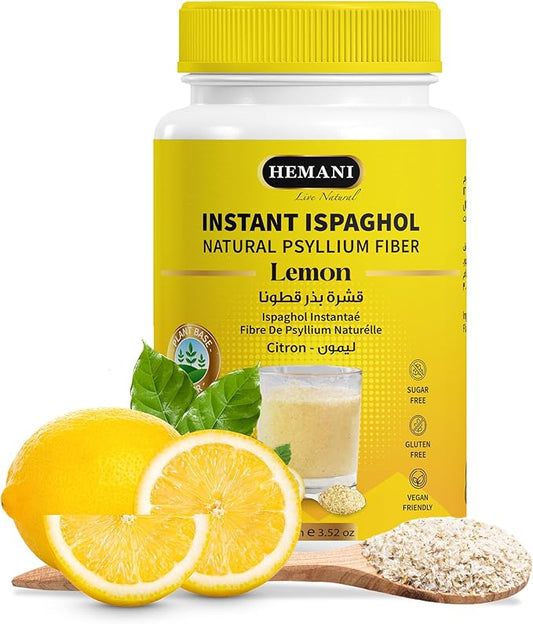 Hemani Instant Psyllium Husk Ispaghol 100g | Lemon Flavored On-The-Go Fiber Supplement | Supports Digestive Health | Add to Water for a Refreshing Drink