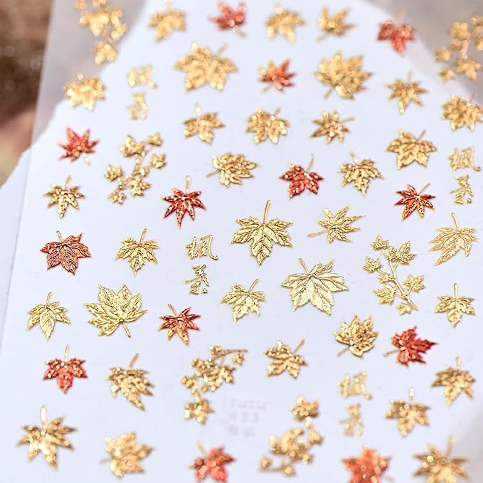 5D Embossed Fall Nails Art Stickers Autumn Maple Leaves Nail Decals Self Adhesive Glitter Gold Maple Leaf Nails Design Sticker Thanksgiving Nail Stickers for Women Manicure Decor Accessories 1PCS