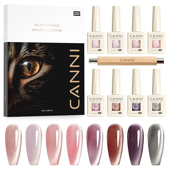 CANNI 8 Pcs 9 ML Cat Eye Gel Nail Polish Set, Jelly Pink Red Purple Glitter Holographic Cat Eye Gel Polish Kit with Magnet Shimmer Colors Soak Off Led Manicure Salon DIY Gifts