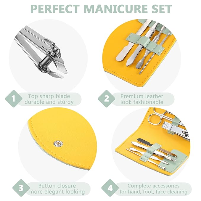 12 Set Manicure Set Bulk Mini Manicure Nail Clipper Kit 7 in 1 Stainless Steel Professional Nail Care Pedicure with Travel Portable Bag Grooming Kits for Christmas Women Men Home(Light Green)