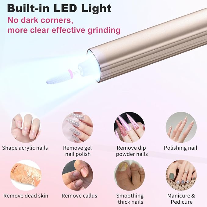 SUPERNIGHT Cordless Electric Nail Drill with UV Light Lamp, 14 in 1 Electric Nail File Drill, 5 Speed LCD Display Rechargeable Professional Manicure Pedicure Kit(Gold)