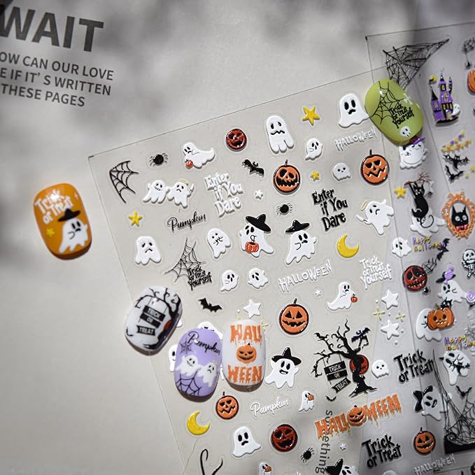 1Sheet Embossed 5D Halloween Nail Stickers Cute Ghost Pumpkin Nail Decals Self-Adhesive Halloween Spider Web Bats Nail Supplies Pegatinas Uñas Spider Nails Design for Women DIY Manicure Decoration