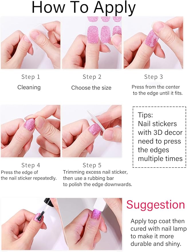 Gel Nail Strips No UV, Pink Ombre, UV Free, Long Lasting Gel Stickers - Contains 22 Wraps, 1 Prep Pad, 1 File