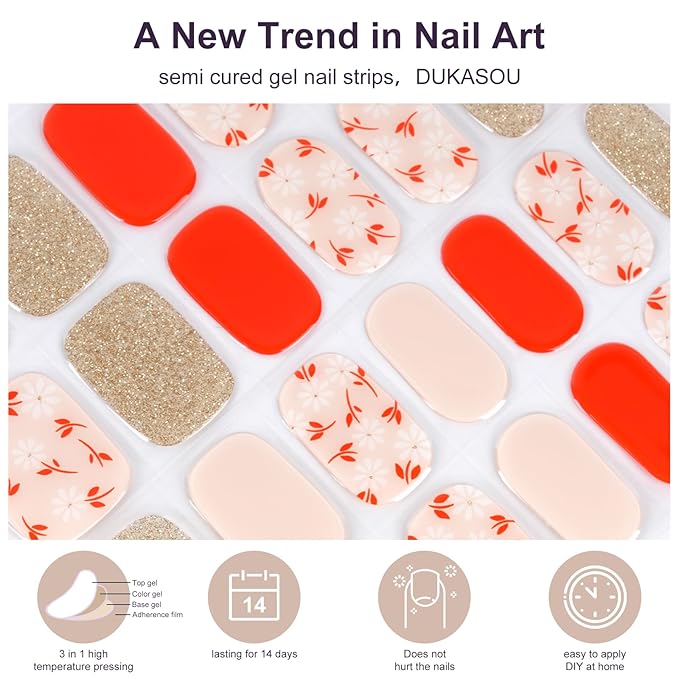 Semi Cured Gel Nail Strips,28 Pcs Fall Nail Stickers for Women,UV Gel Strips Work with Any UV Lamp, Long Lasting, Includes Prep Pads, NailFile & Wood Stick