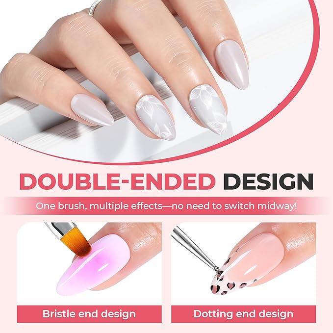UNA GELLA Nail Art Brushes Set 6PCS White Color Nail Design Painting Brush Set Nail Dotting Tools Double-headed Nail Art Builder Gel Polish Liner Brushes for DIY Nail Drawing Supplies