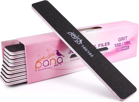 10PCS Jumbo Size PANA Professional Double Sided Nail Files - Black, 100/180 Grit - Emery Board Nail Buffering File Manicure Pedicure Nail Polisher Washable