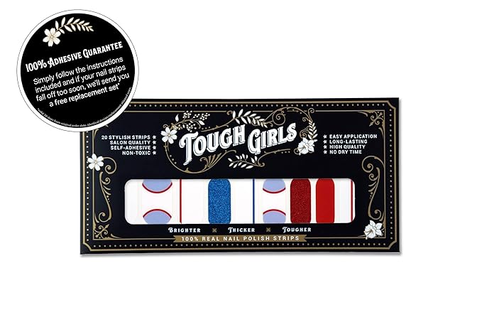 | Nail Polish Strips | 20 Stylish Strips | Brighter, Thicker, Tougher | Includes Cuticle Stick, Nail File, & Nail Wipes (Hockey Blue & Red Glitter)