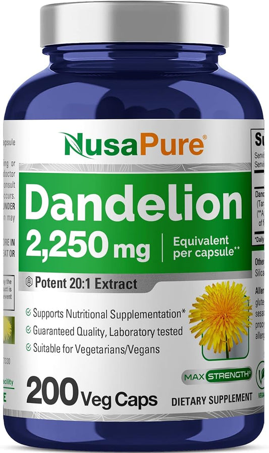 NusaPure Dandelion Root 20:1 Extract, 112.5mg Equivalent to 2,250mg 200 Veggie Capsules (Non-GMO)