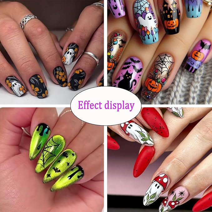 8 Sheets Halloween Nail Art Stickers 3D Self Adhesive Cute Ghost Pumpkin Nail Decals Flower Spooky Mushroom Nail Design Spider Bats Blood Drop Supplies for Women Scary Halloween Manicure Decoration
