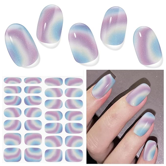 Semi Cured Gel Nail Strips (Colorful Lollipop), 28 pcs UV Gel Nail Stickers for Women Work with Any UV Lamps, Salon Quality Nails Wraps for Home DIY Nails Art