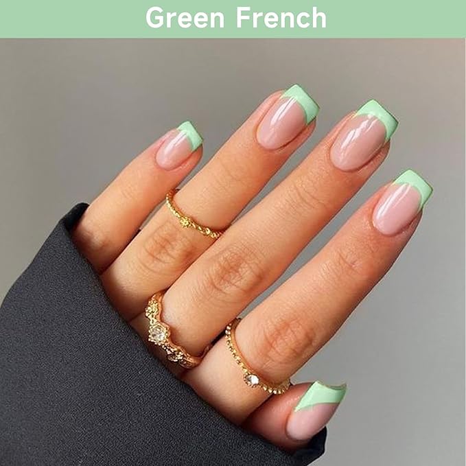 Semi Cured Gel Nail Strips, Green French | 28 pcs Gel Nail Strips Work with Any UV Lamp, Salon Quality UV Nails Stickers, Easy to Apply for Home Nails DIY