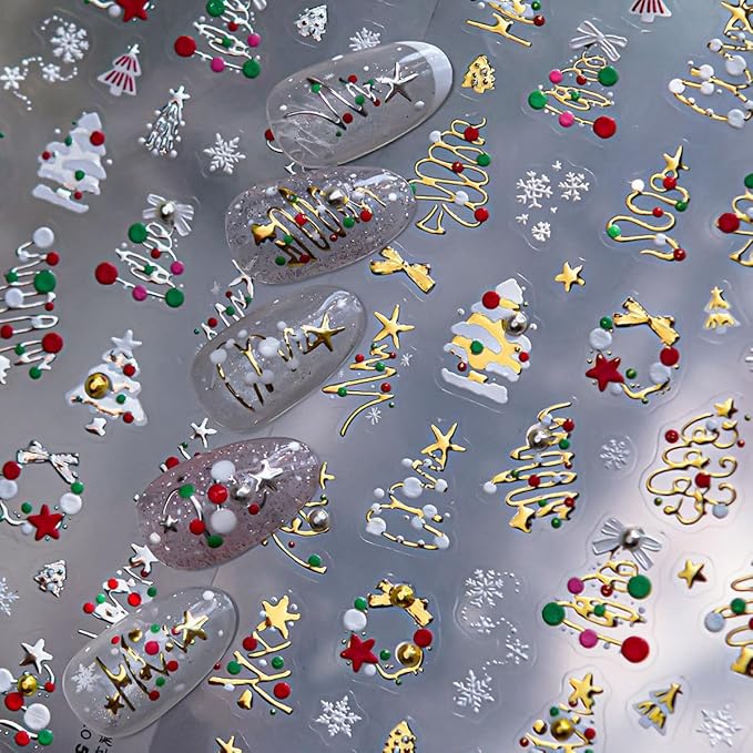 Christmas Nail Art Stickers Golden Xmas Tree Nail Decals with Rhinestone 1PCS Xmas Trees Snowflake Star Bow Christmas Nails Design Adhesive Stickers Nail Art Supplies for Women Holiday DIY Nail Art