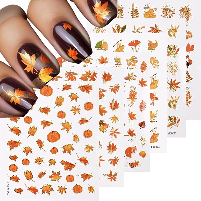 Fall Gold Maple Leaves Nail Stickers 3D Self-Adhesive Nail Art Stickers Decals with Gold Leaves Fox Design Autumn Nail Stickers for Nail Art Pumpkin Thanksgiving for Women Nails Art Decor