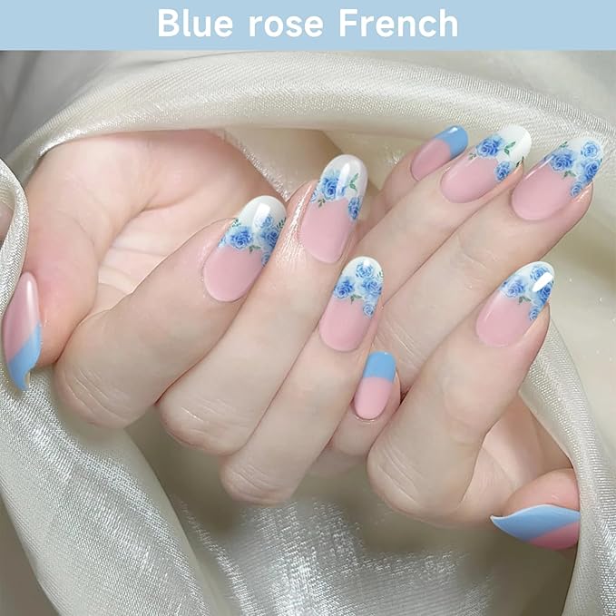 Semi Cured Gel Nail Strips, Blue Rose French | 28 pcs Chinese Style Gel Nail Strips Work with Any UV Lamp, Salon Quality New Chinese Nail Stickers, Include Prep Pads, Nail File&Wood Stick