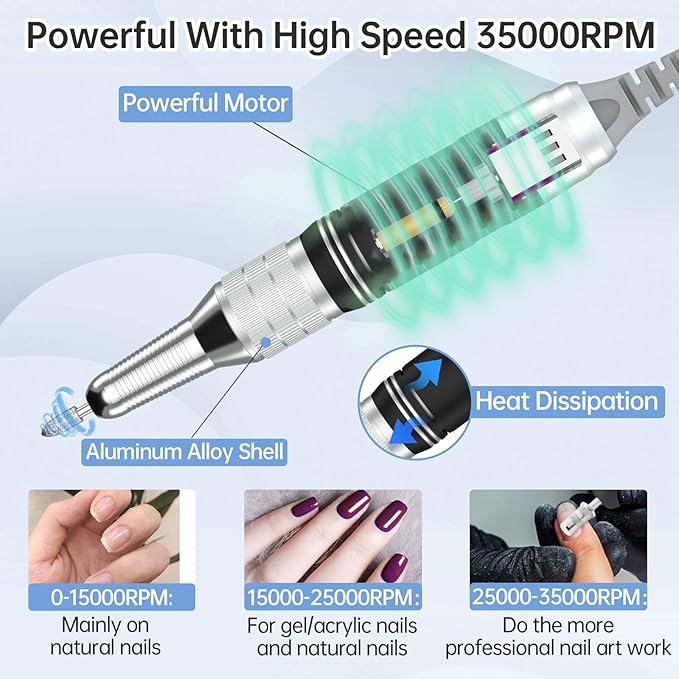 Delanie Professional Portable Electric Nail Drill Machine, 35000 RPM Rechargeable Cordless Nail Filer Electric Nail File Efle for Dip Powder Acrylic Gel Nail, Salon Nail Tool, White