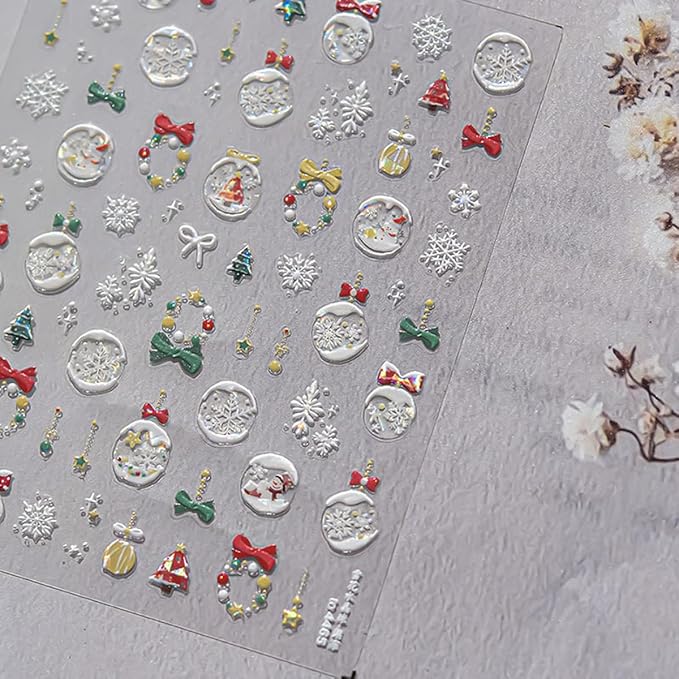 1 Sheet Christmas Nail Art Stickers Snowflake Nail Decals Bow Star Red Green Yellow Ball Christmas Nail Design Relief Wreath Stickers for Manicure Supplies for Women Nail Decoration