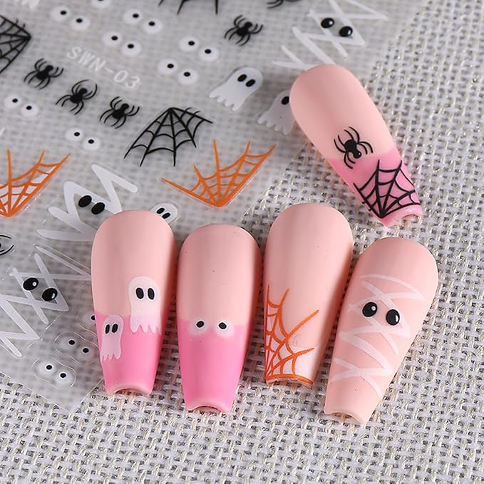 Halloween Nail Art Stickers Decals 5D Embossed Halloween Nail Decals 4PCS Ghost Bandage Eye Ball Spider Web Pumpkin Nails Design Adhesive Stickers Manicure Supply for Women DIY Nail Art Decorations