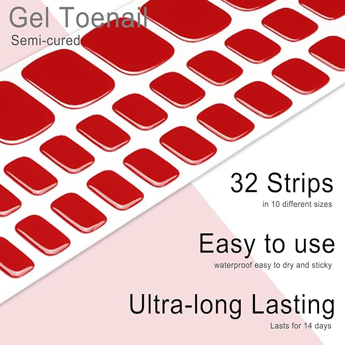 Semi Cured Gel Toenail Strips, 32 Power Red Gel Toenail Stickers - Works with Any UV Lamps Pedicure Strips Full Nail Wraps with Nail File & Wood Stick