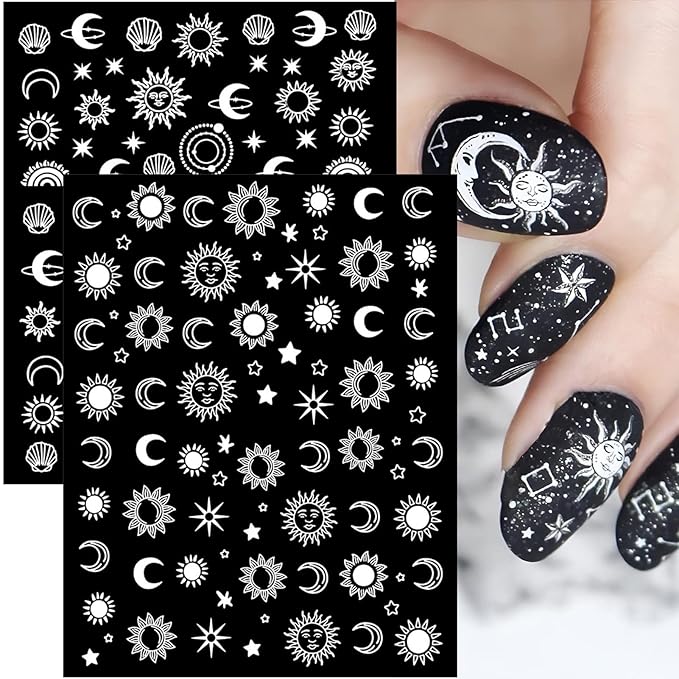 12 Sheets Sun Moon Star Nail Art Stickers Decals, 3D Self-Adhesive Fashion Trendy Minimalist Colorful Rose Gold Pegatinas Uñas Design, DIY Manicure Decoration Supplies Accessories for Women Girls