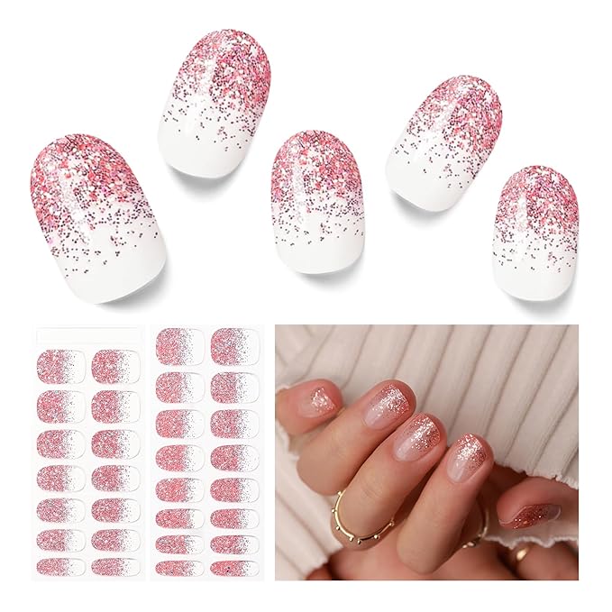 Semi Cured Gel Nail Strips - 30PCS Gel Nail Stickers for UV Light, Long-Lasting Gel Nail Wraps, Salon-Quality Semi Cured Nail Stickers, 2 Weeks Wear, Easy DIY Gel Manicure-Pink Stardust