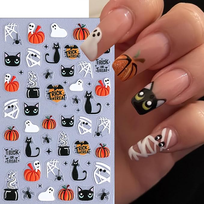 Halloween Nail Art Stickers 5D Self-Adhesive Mummy Spider Web Scary Black Spider Pumpkin Nail Stickers Ghost Skeleton Design Nail Decals for Halloween Party DIY Manicure Decorations 3 Sheets
