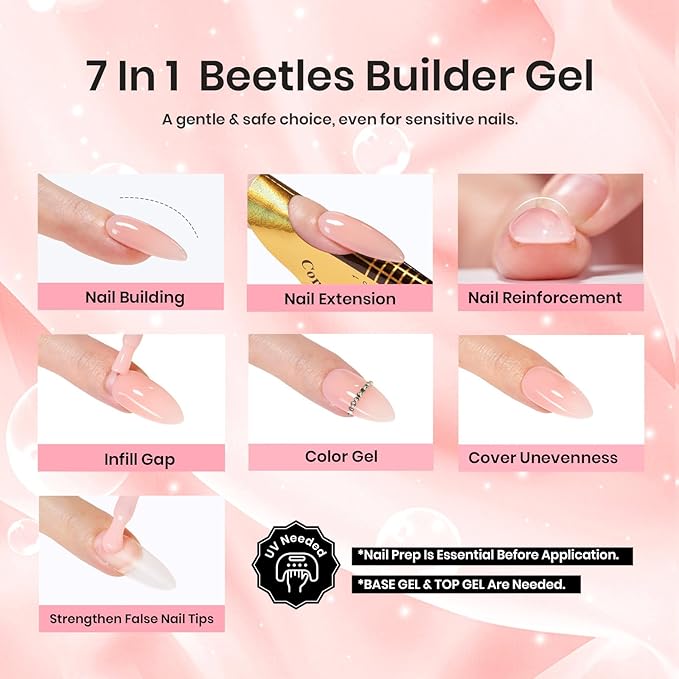 Beetles Builder Gel for Nails,0.5 oz 7 in 1 Nail Thickening Strengthening Building Apex for Beginner DIY Salon at Home,Nude Builder Nail Gel,UV & LED Lamp Cured Needed