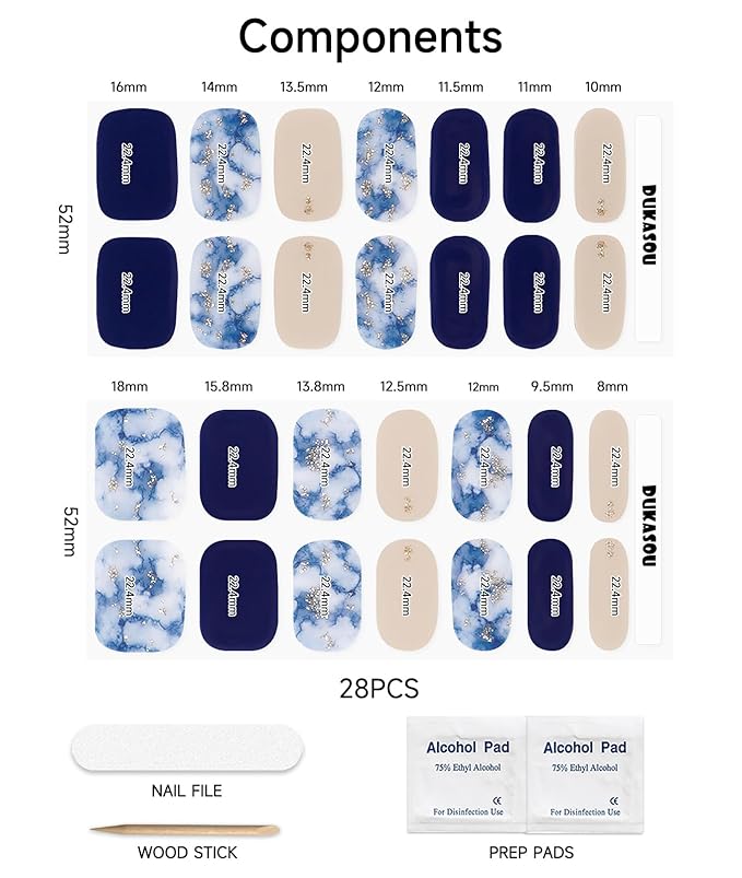 Semi Cured Gel Nail Strips (Ink Navy Blue), 28 pcs UV Gel Nail Stickers for Women Work with Any UV Lamps, Salon Quality Nails Wraps for Home DIY Nails Art
