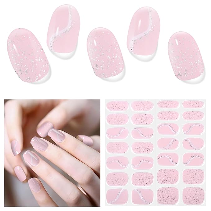 Semi Cured Gel Nail Strips, 28 pcs Gel Nail Stickers Work with Any UV Lights, Long-Lasting Nail Wraps, Stick on Nails for women Easy to Apply & Remove